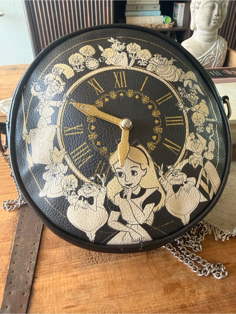Alice in Wonderland Black & Gold Round Crossbody Bag